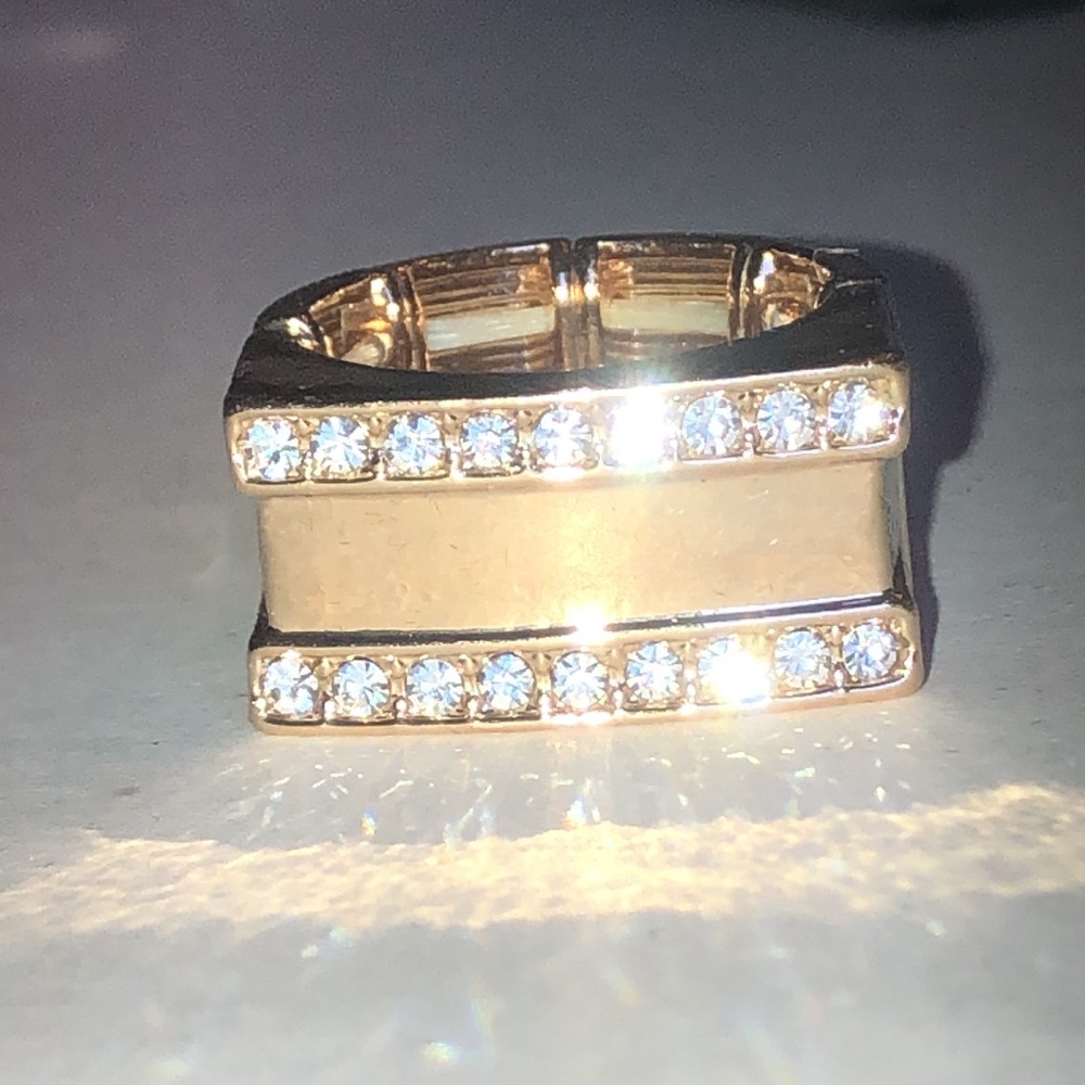 Gold Tone Crystal Accent Bar Stretchy Boho Ring